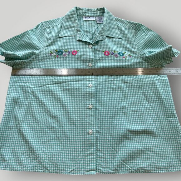 Blair Women's M Green White Checked Floral Embroidery Button Up Shirt - Picture 8 of 14
